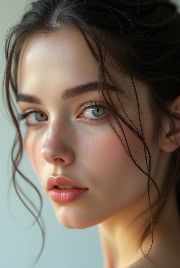 head of'artwork, best quality, ultra realistic, super detailed, 8k resolution, photo brute, sharpness, (1fille), bare, beautiful face, , 24 ans, portrait , Hair back,