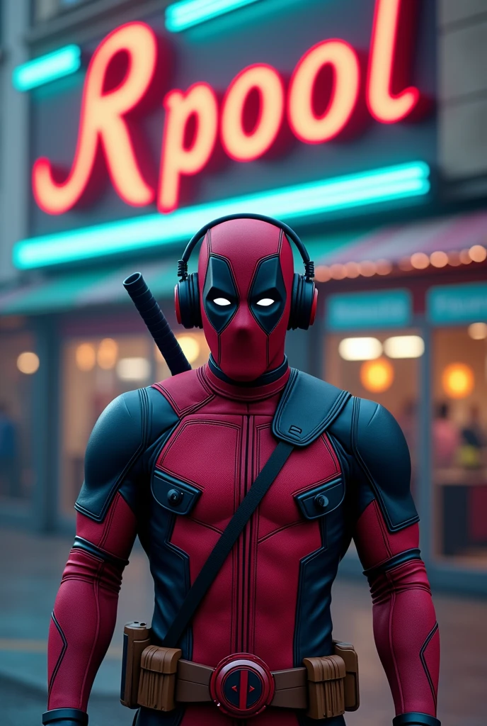 Dead pool with headphones gamesman on top of a big name POOLSTORE letter background with cr7 and lionel messi