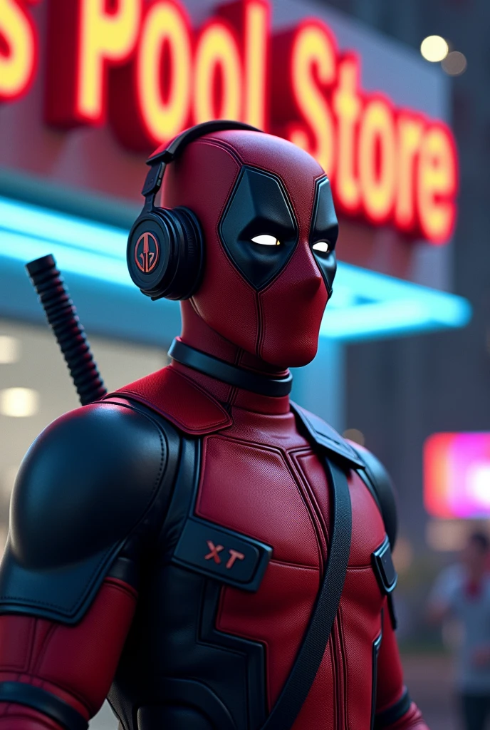 Dead pool with headphones gamesman on top of a big name POOLSTORE letter background with cr7 and lionel messi