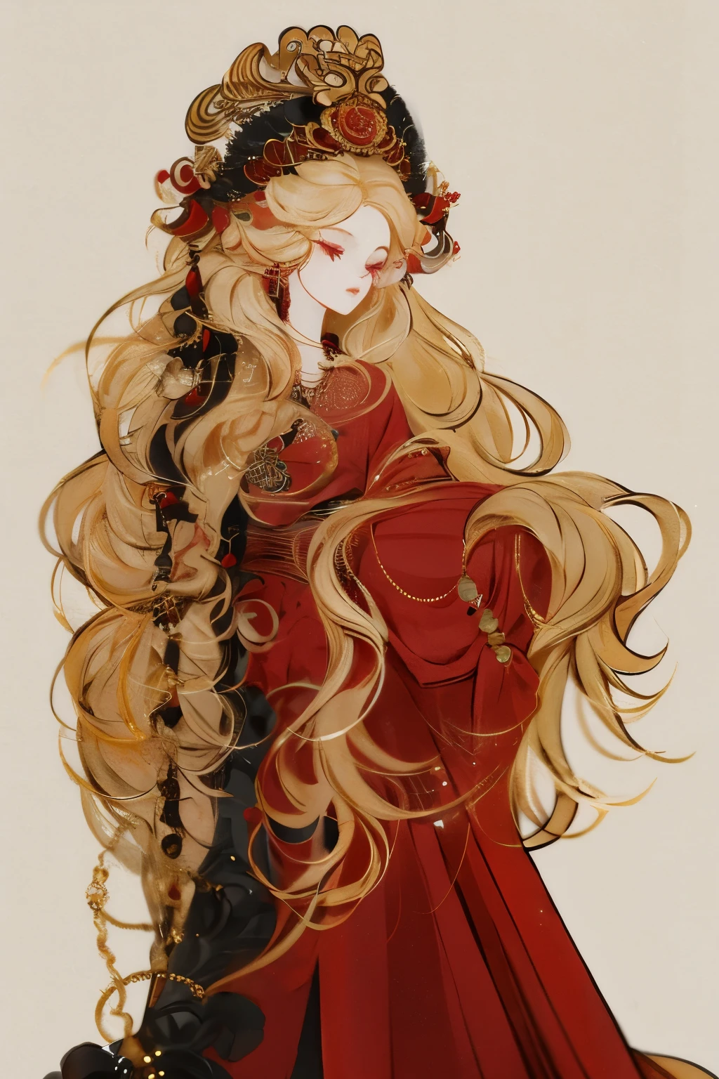 Girl with white wavy hair,Side Braid,Beautiful necklace, Targaryen women hairstyle,Beautiful gold headdress, Red and black dress