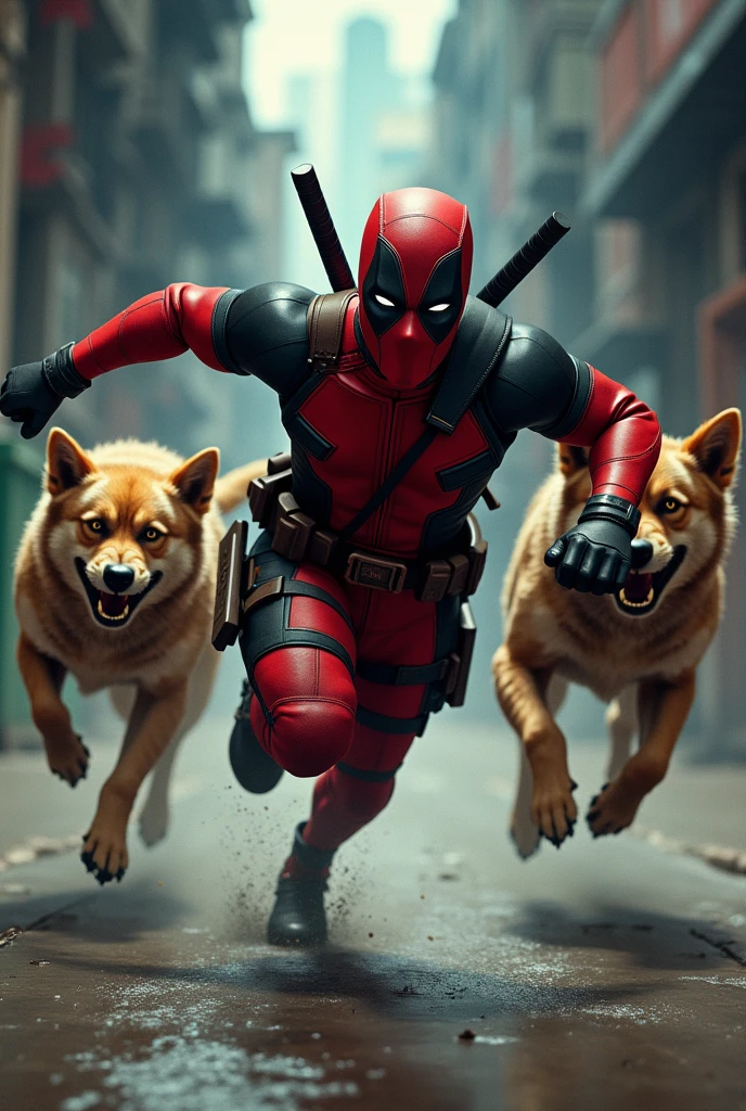 Two dogs are coming after Deadpool to bite him and Deadpool is running away afraid of them, fear expression on Deadpool's face.