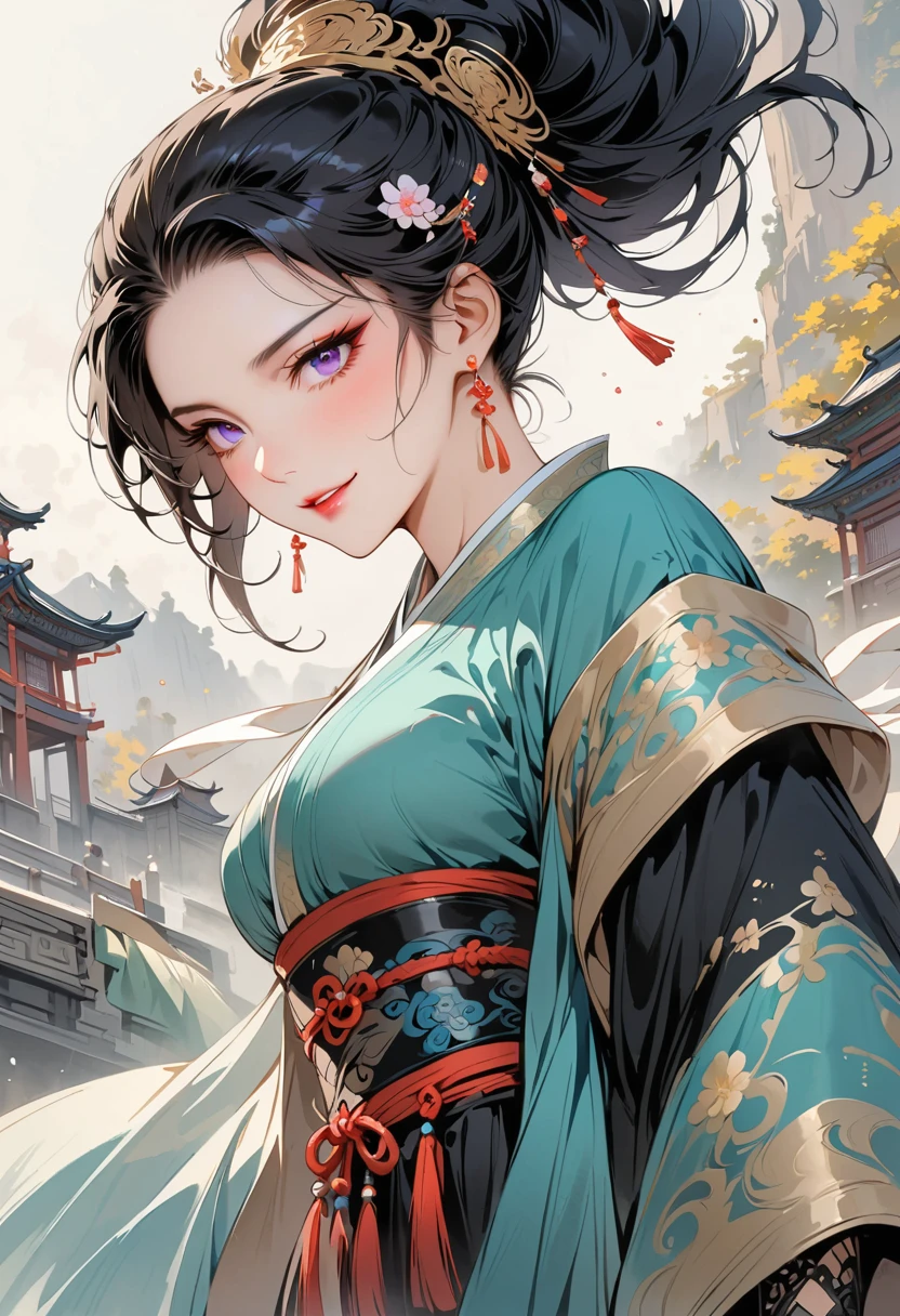 (masterpiece, best quality:1.2), 1 woman, Hanfu, (Dress conservatively:1.3), (delicate and beautiful face:1.8), mature, laugh, black hair, hairpin, purple eyes, , beautiful bridge, (ink stain) beautiful portrait, clothing ink style, Traditional Chinese armor, ink bismuth, from below, masterpiece, high details,full body