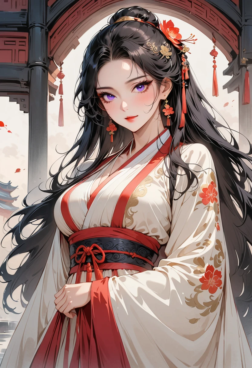 (masterpiece, best quality:1.2), 1 woman, Hanfu, (Dress conservatively:1.3), (delicate and beautiful face:1.8), mature, laugh, black hair, hairpin, purple eyes, , beautiful bridge, (ink stain) beautiful portrait, clothing ink style, Traditional Chinese armor, ink bismuth, from below, masterpiece, high details,full body