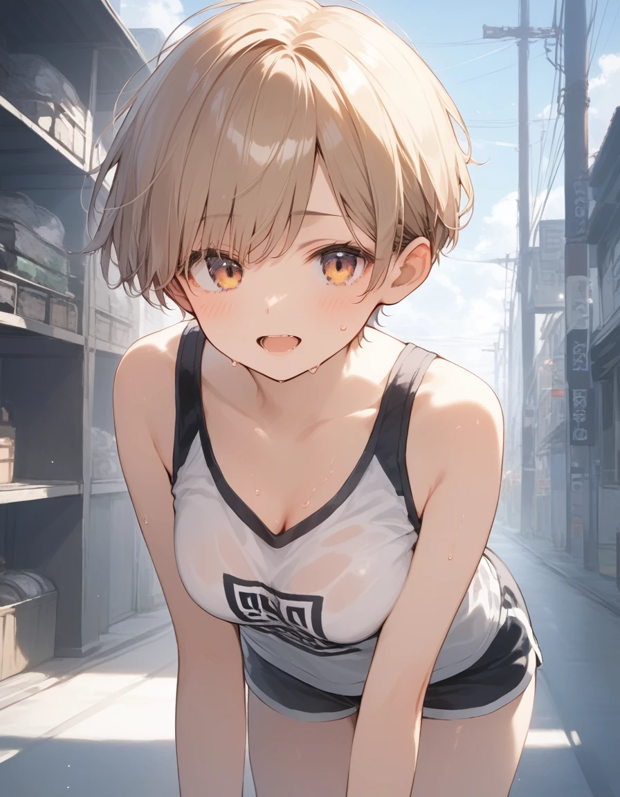 score_9, score_8_up, score_7_up, source_anime, best quality, masterpiece, official art, absurdres, highres, ultra-detailed,waifu2x,Collection: Slice of Life,break,1girl, short hair, pixie cut, flipped hair, breasts, beautiful (well-shaped) breasts,beautiful detailed eyes, sweat, gym shorts, (wavy mouth:0.3), open mouth, outdoors,  (Detailed Lighting), (Detailed background),break,(clear line illustration:1.2), super detailed skin,very high resolution, very aesthetic, Best sexual lighting powered by famous artist, 8k, 16k, cute picture,beauty illustration,photoshop_(medium),,(Detailed Lighting),best anime 8k konachan wallpaper, pixiv contest winner,