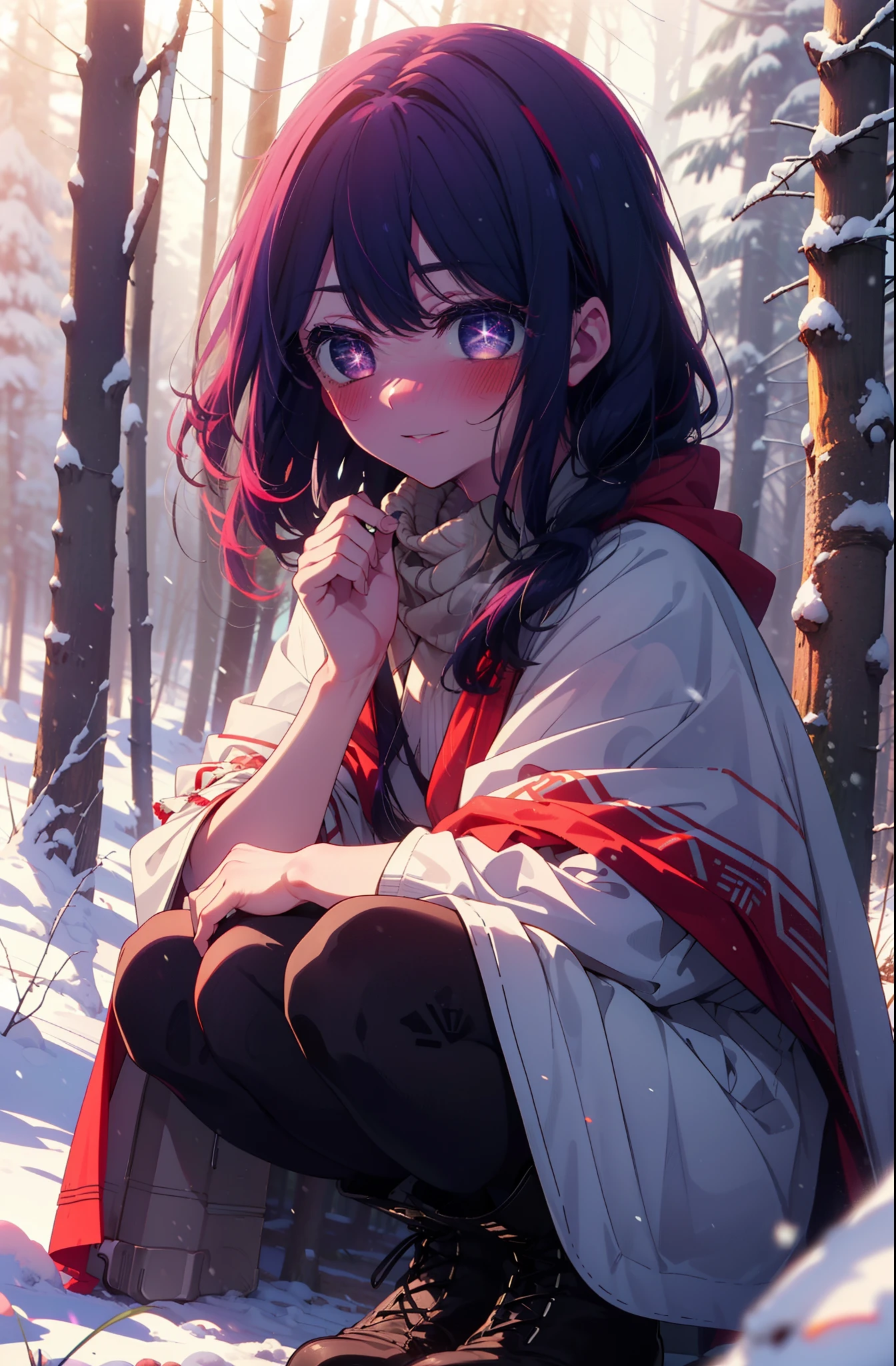 aihoshino, Ai Hoshino, Long Hair, bangs, (Purple eyes:1.1), Purple Hair, (Symbol-shaped pupil:1.5), smile,,smile,blush,white breath,
Open your mouth,snow,Ground bonfire, Outdoor, boots, snowing, From the side, wood, suitcase, Cape, Blurred, , forest, White handbag, nature,  Squat, Mouth closed, Cape, winter, Written boundary depth, Black shoes, red Cape break looking at viewer, Upper Body, whole body, break Outdoor, forest, nature, break (masterpiece:1.2), Highest quality, High resolution, unity 8k wallpaper, (shape:0.8), (Beautiful and beautiful eyes:1.6), Highly detailed face, Perfect lighting, Highly detailed CG, (Perfect hands, Perfect ???????),