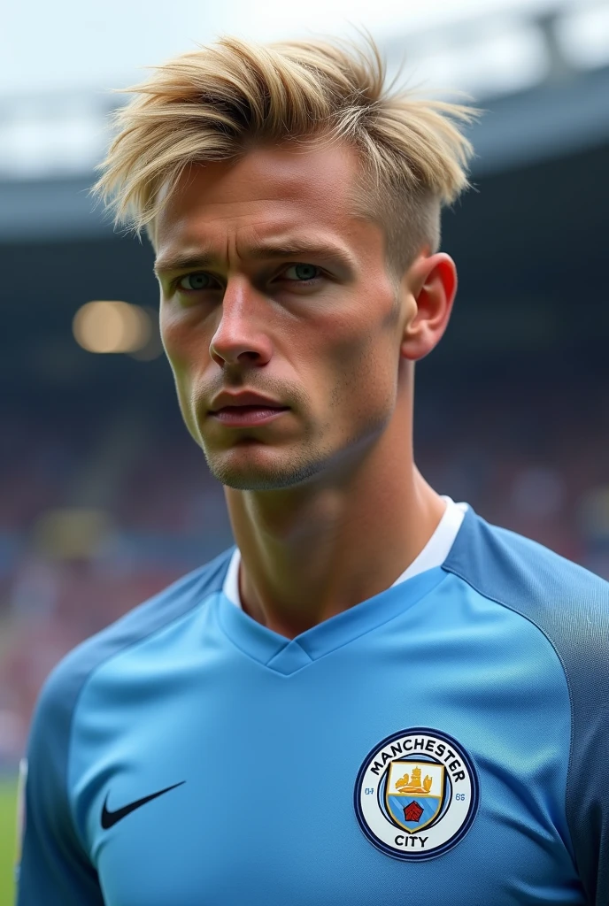 Erling haaland  with short blonde hair in mancity jersey 

with no Beard .young like 22 years of age.only showing face and Jersey.nose are little big and engage him in football game. Put background of football stadium . little big older.man bun hair style.black hair

