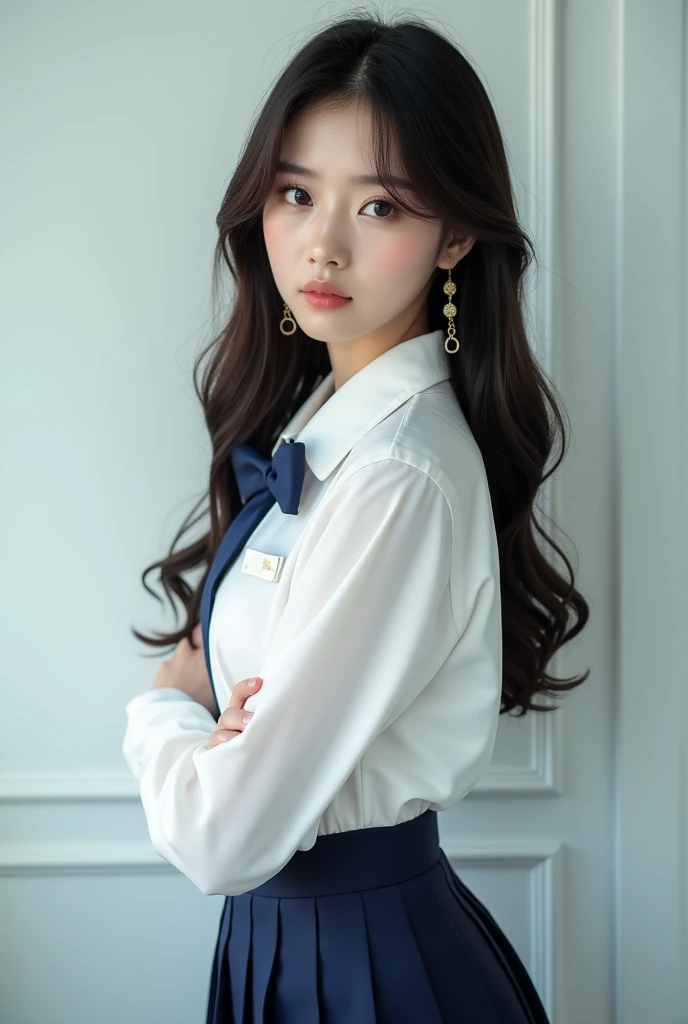 Korean girl with long dark hair, with white and blue school uniform, photo sexy