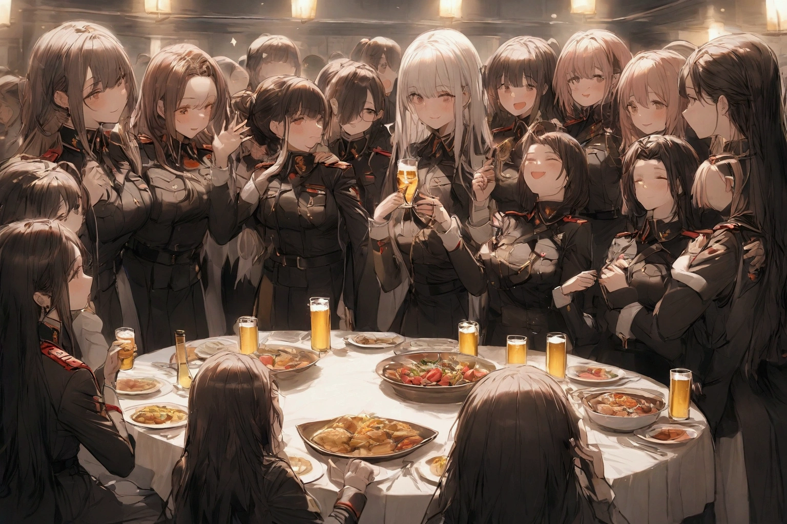 Human soldiers,Multiple Girls,Hand holding wooden wine glass,Shout out,Long knife,torch,barracks,Modern military uniform,身穿Modern military uniform,French army,深身穿古代French army军装,Celebrate the victory,beer,🍺,blue Champagne,