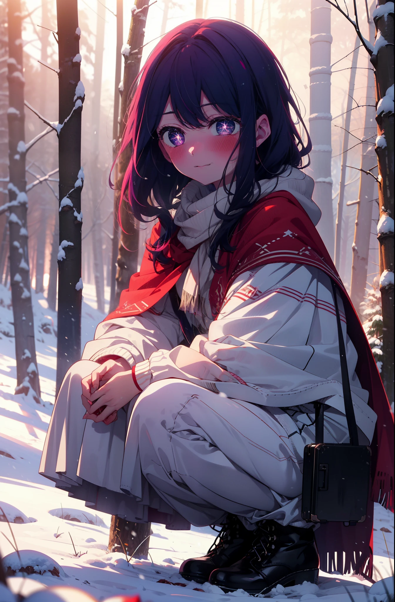aihoshino, Ai Hoshino, Long Hair, bangs, (Purple eyes:1.1), Purple Hair, (Symbol-shaped pupil:1.5), smile,,smile,blush,white breath,
Open your mouth,snow,Ground bonfire, Outdoor, boots, snowing, From the side, wood, suitcase, Cape, Blurred, , forest, White handbag, nature,  Squat, Mouth closed, Cape, winter, Written boundary depth, Black shoes, red Cape break looking at viewer, Upper Body, whole body, break Outdoor, forest, nature, break (masterpiece:1.2), Highest quality, High resolution, unity 8k wallpaper, (shape:0.8), (Beautiful and beautiful eyes:1.6), Highly detailed face, Perfect lighting, Highly detailed CG, (Perfect hands, Perfect Anatomy),