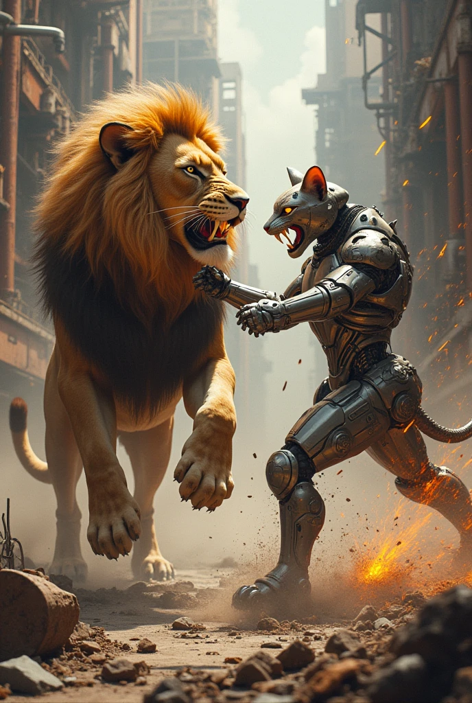 A lion fight with a cat cyborg
