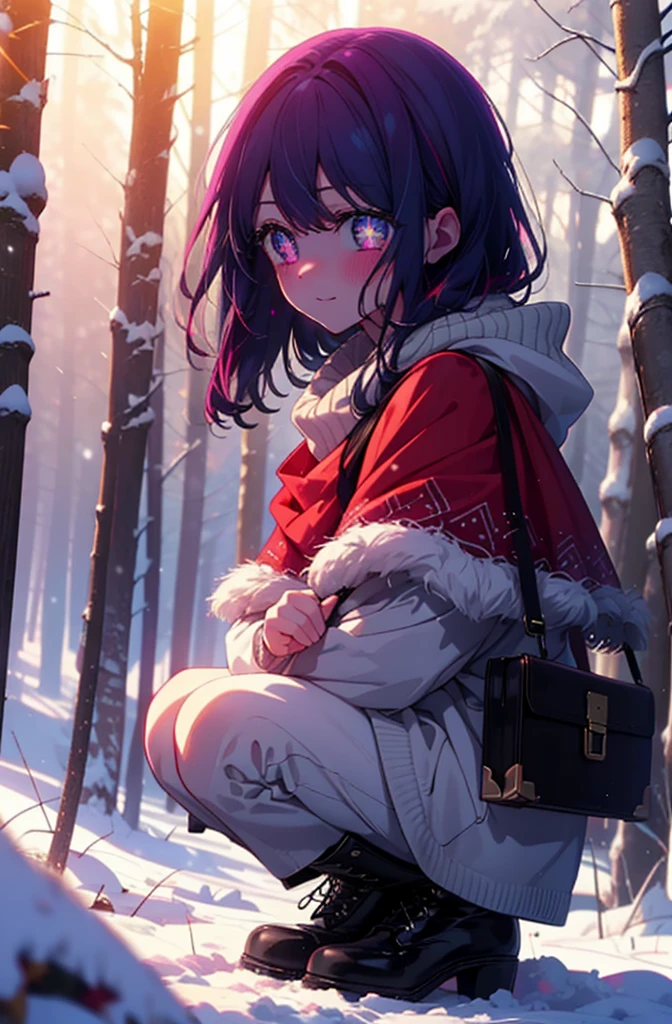 aihoshino, Ai Hoshino, Long Hair, bangs, (Purple eyes:1.1), Purple Hair, (Symbol-shaped pupil:1.5), smile,,smile,blush,white breath,
Open your mouth,snow,Ground bonfire, Outdoor, boots, snowing, From the side, wood, suitcase, Cape, Blurred, , forest, White handbag, nature, Squat, Mouth closed, Cape, winter, Written boundary depth, Black shoes, red Cape break looking at viewer, Upper Body, whole body, break Outdoor, forest, nature, break (masterpiece:1.2), Highest quality, High resolution, unity 8k wallpaper, (shape:0.8), (Beautiful and beautiful eyes:1.6), Highly detailed face, Perfect lighting, Highly detailed CG, (Perfect hands, Perfect Anatomy),