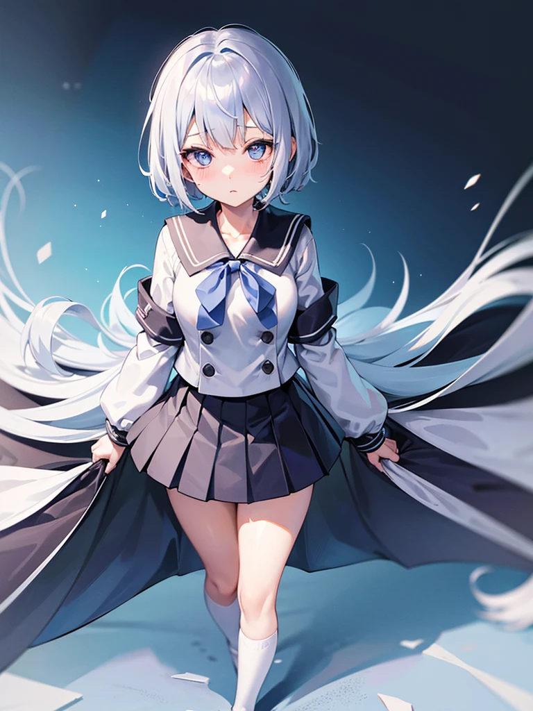 solo, Female, Manga, Japanese, Anime, Pastel, silver hair, short cut,  high school girl, uniform, ((tareme)), big eyes,  black iris, light blue eye, tall, plump