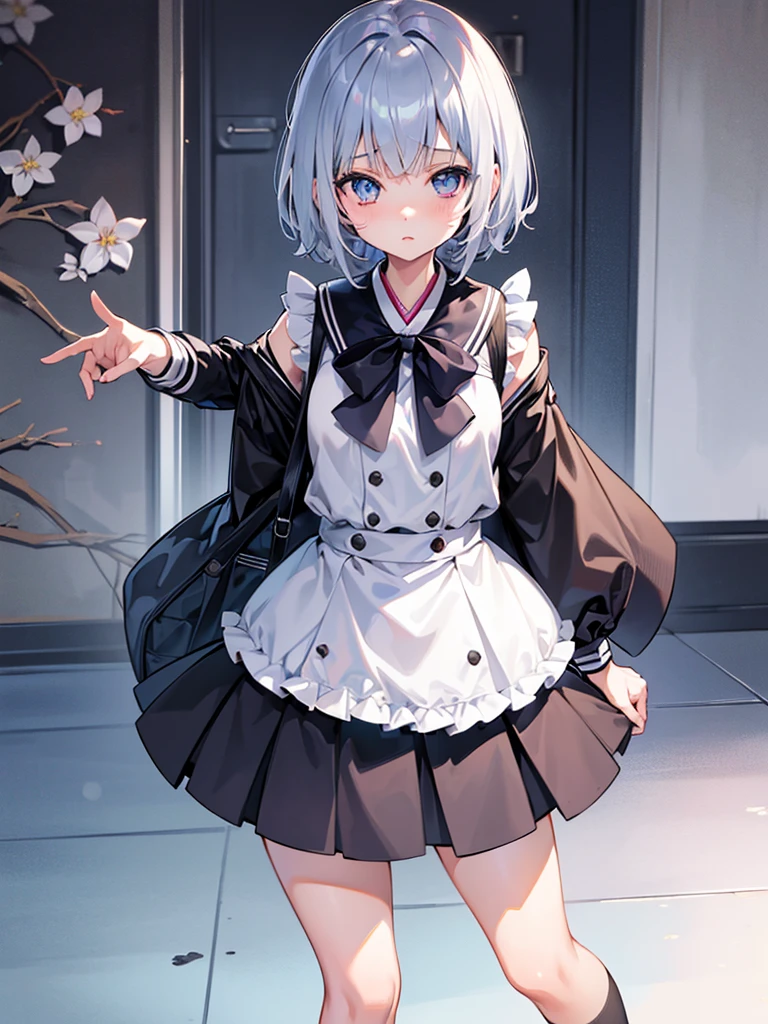 solo, Female, Manga, Japanese, Anime, Pastel, silver hair, short cut, high school girl, uniform, ((tareme)), big eyes, black iris, light blue eye, tall, plump