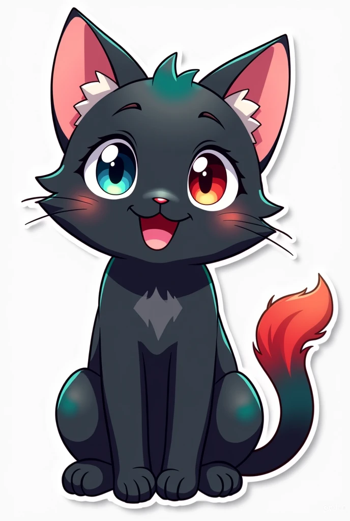  Happy Hot Black cat with bluered eyes and crimson red and green tail and pink ear   cartoon anime sticker 