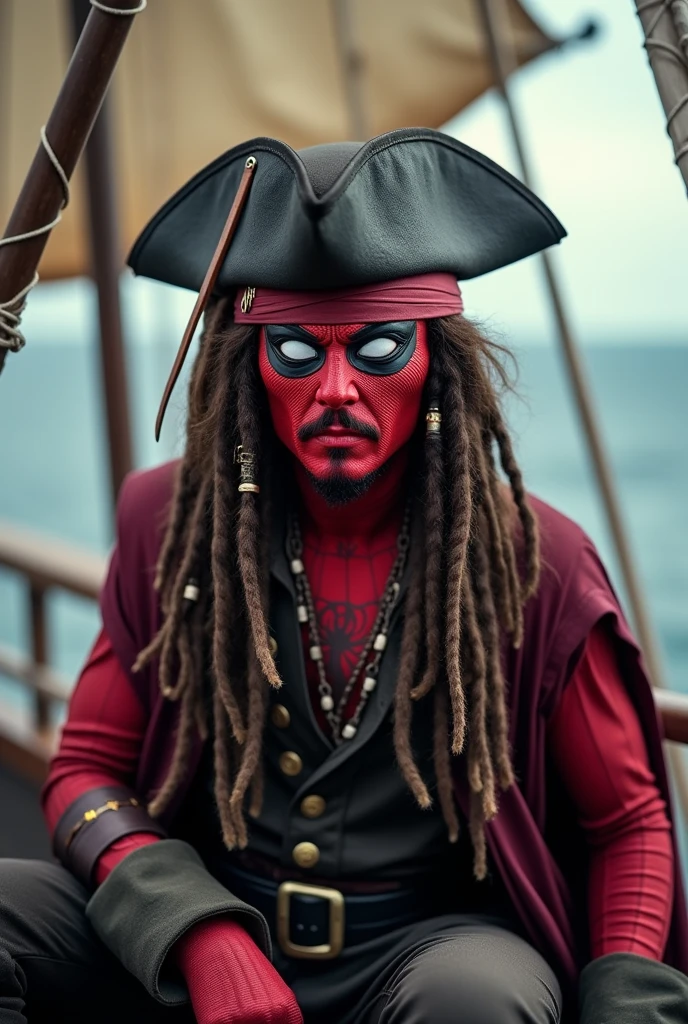 Spider-Man s'est déguisé en Jack Sparrow mais a quand même porté le masque emblématique de Spider-Man. Le masque couvrait son visage, avec des motifs de toile d'araignée et ses yeux visibles à travers le chapeau de pirate. Il portait un manteau de pirate par-dessus son costume de Spider-Man, se tenant sur un bateau de pirates.