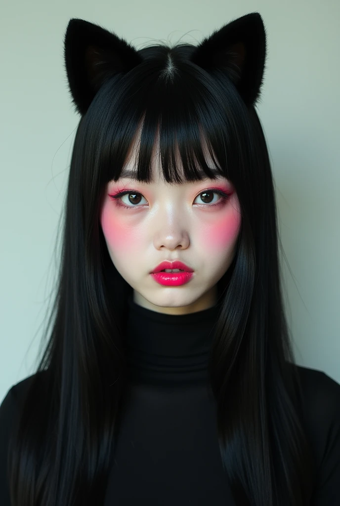 Oval shaped face, pink skin color woman, straight long black hair, straight bangs, white eyes, long eyelashes, small nose, narrow chin, neon pink cupid lips, cat ears, front view, wearing black top