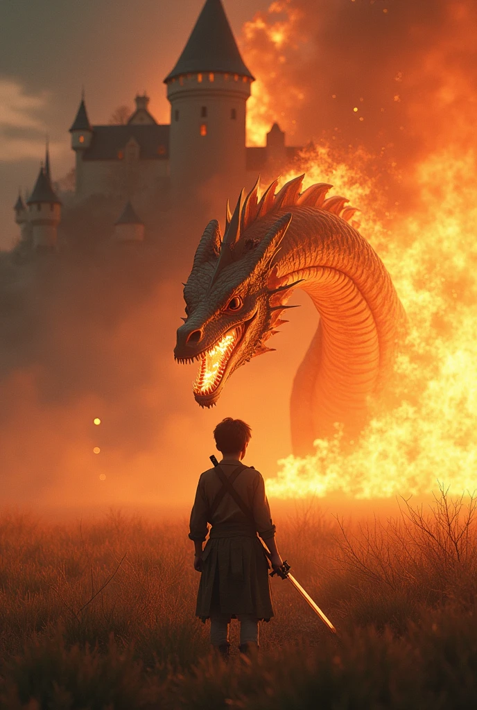 Can you draw me a fire dragon in a field with a twelve year old in torn clothes and a sword with his back to us And in the background is a castle a white one That is just burning everything has to be cinematic and realistic the dragon is standing in front of the child