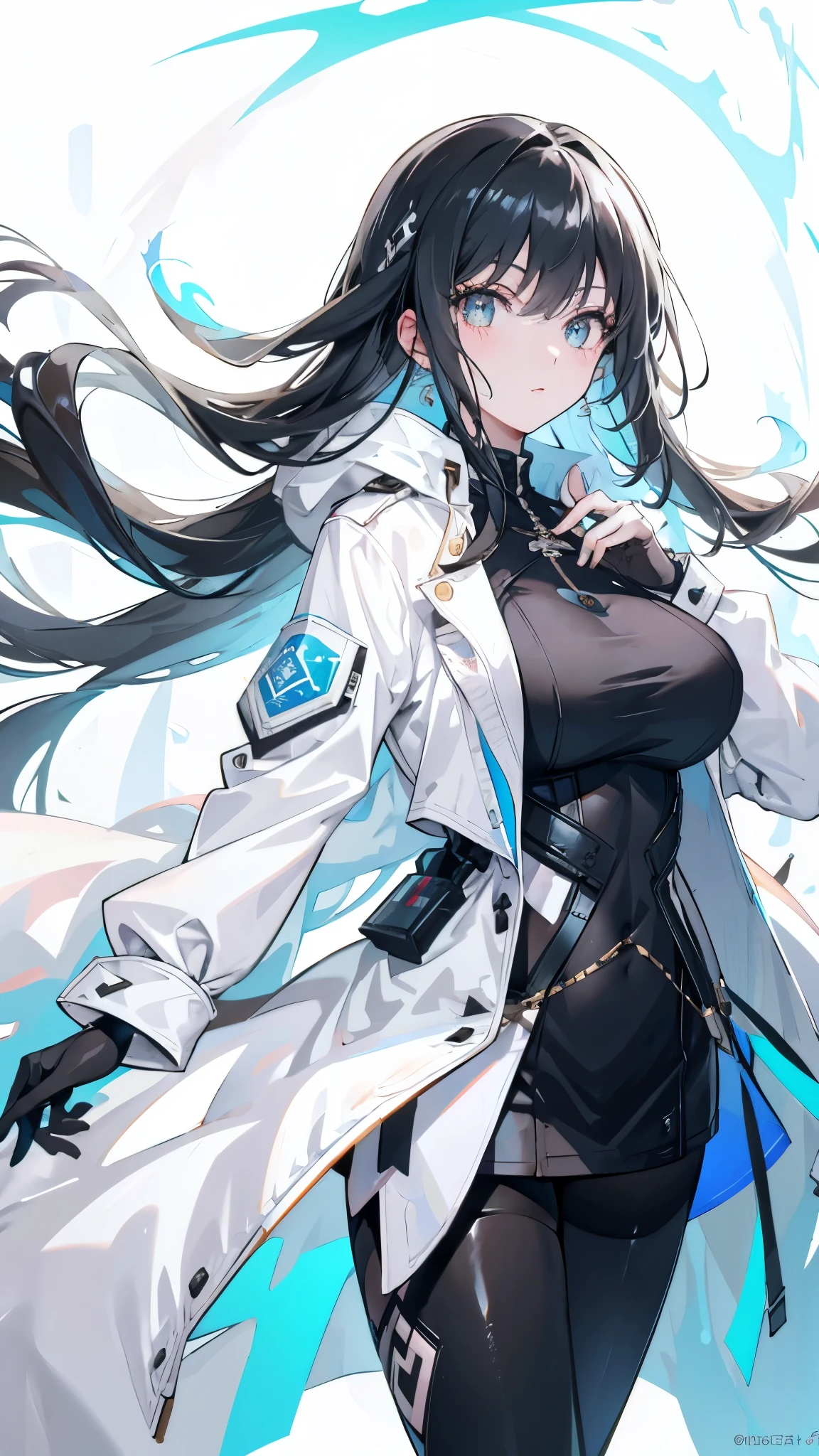 Exquisite facial features,girl in white coat,Bright eyes,Black long hair,cute,超high-definition,Clarity,high-definition,Tights,Bigger breasts,(Jacket)