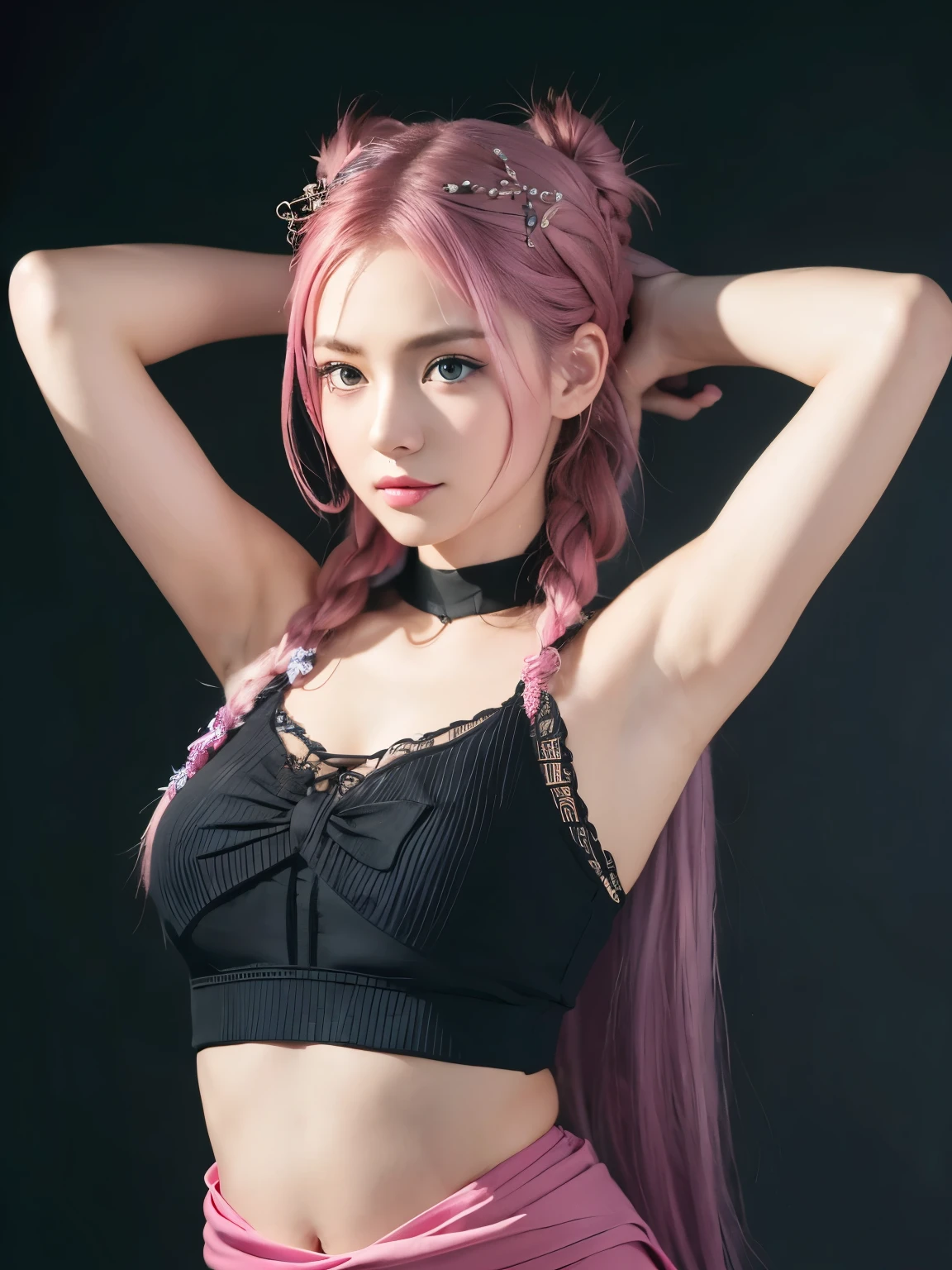 She has long, flowing pink hair、The intricate braids and hairpins give it a dynamic look.。The hairstyle frames her delicate face.、Her blue eyes stand out, exuding a gentle yet confident expression.。She is wearing a black sleeveless outfit.、It has purple accents and a large bow around the waist.。The matte texture of this outfit、It contrasts beautifully with her shiny hair.。The characters are posed in a relaxed yet seductive manner.、Raise one arm behind your head、Gently support your elbow with your other hand。Her skin is smooth and white、The soft lighting highlights the contours of the arms and face.。The background is a subtle dark gradient.、It exudes a calm yet intense atmosphere with the focus entirely on the characters.。