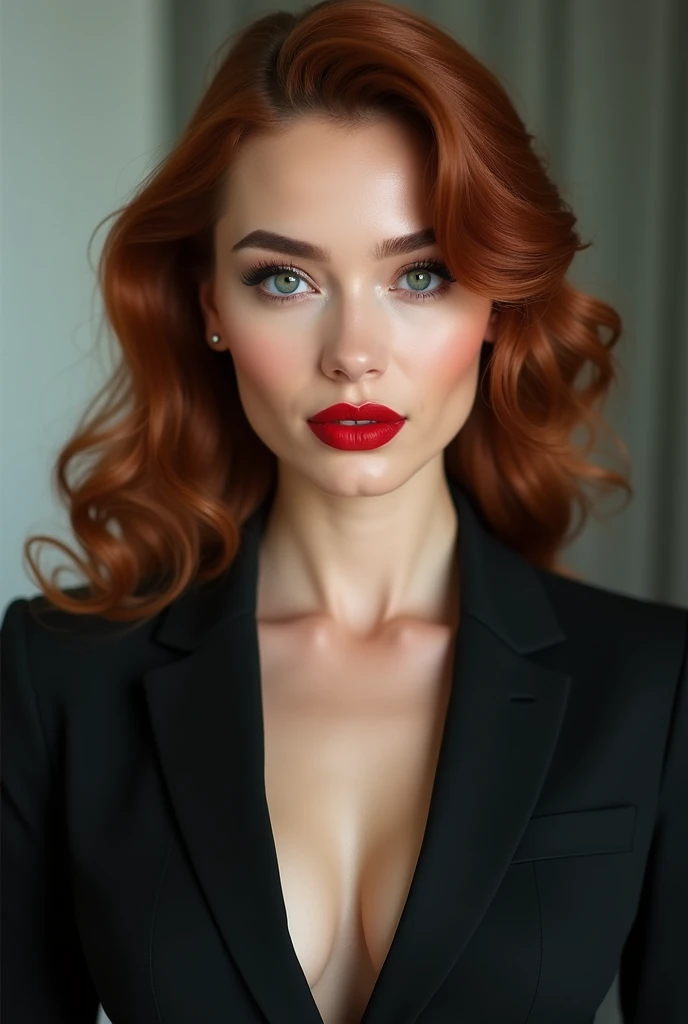 woman, white-skinned , modern reddish brown hair cut, light eyes, full lips, wearing red lipstick, strong makeup, with an air of power, wearing a suit close up.