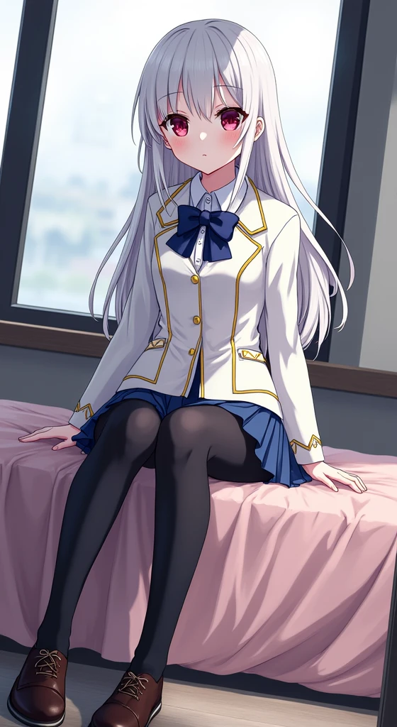 an anime girl, white skin with straight white hair down to the waist, with red eyes, small chest, in a school uniform consisting of a white shirt and on top of that a white jacket with gold fastened leaving the top two buttons undone and a blue bow tied around the collar of the shirt, black thigh high stockings ,a blue skirt, Brown shoes, with a shy smile, sitting on her bed with pink sheets ,the grey back wall and a window .