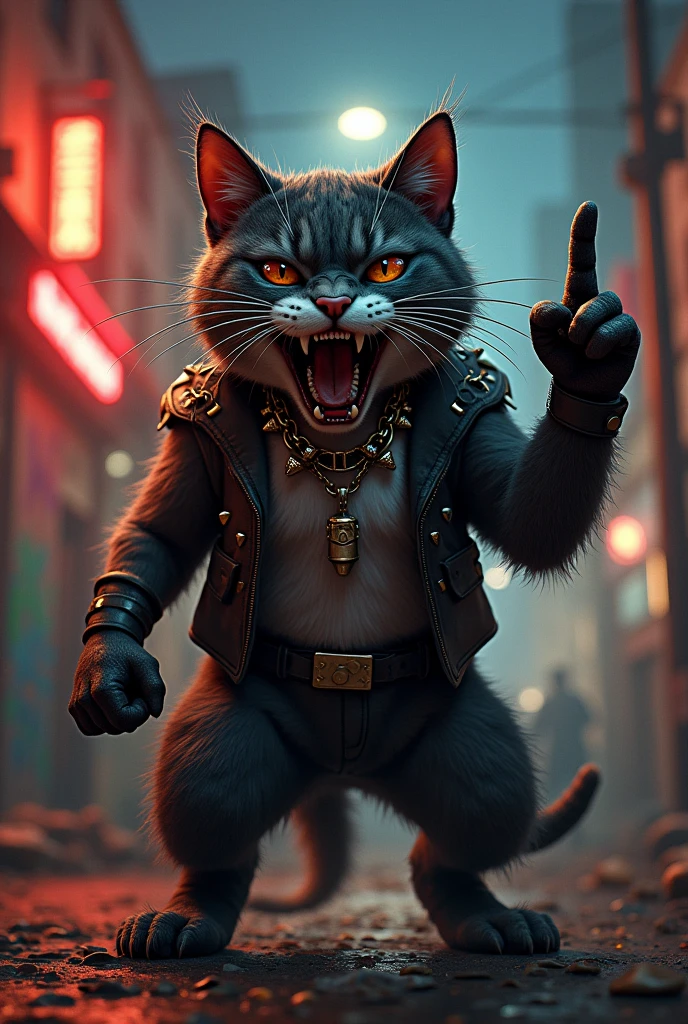 Create a cat with an aggressive attitude, rock n roll and making the fuck you sign with his middle finger