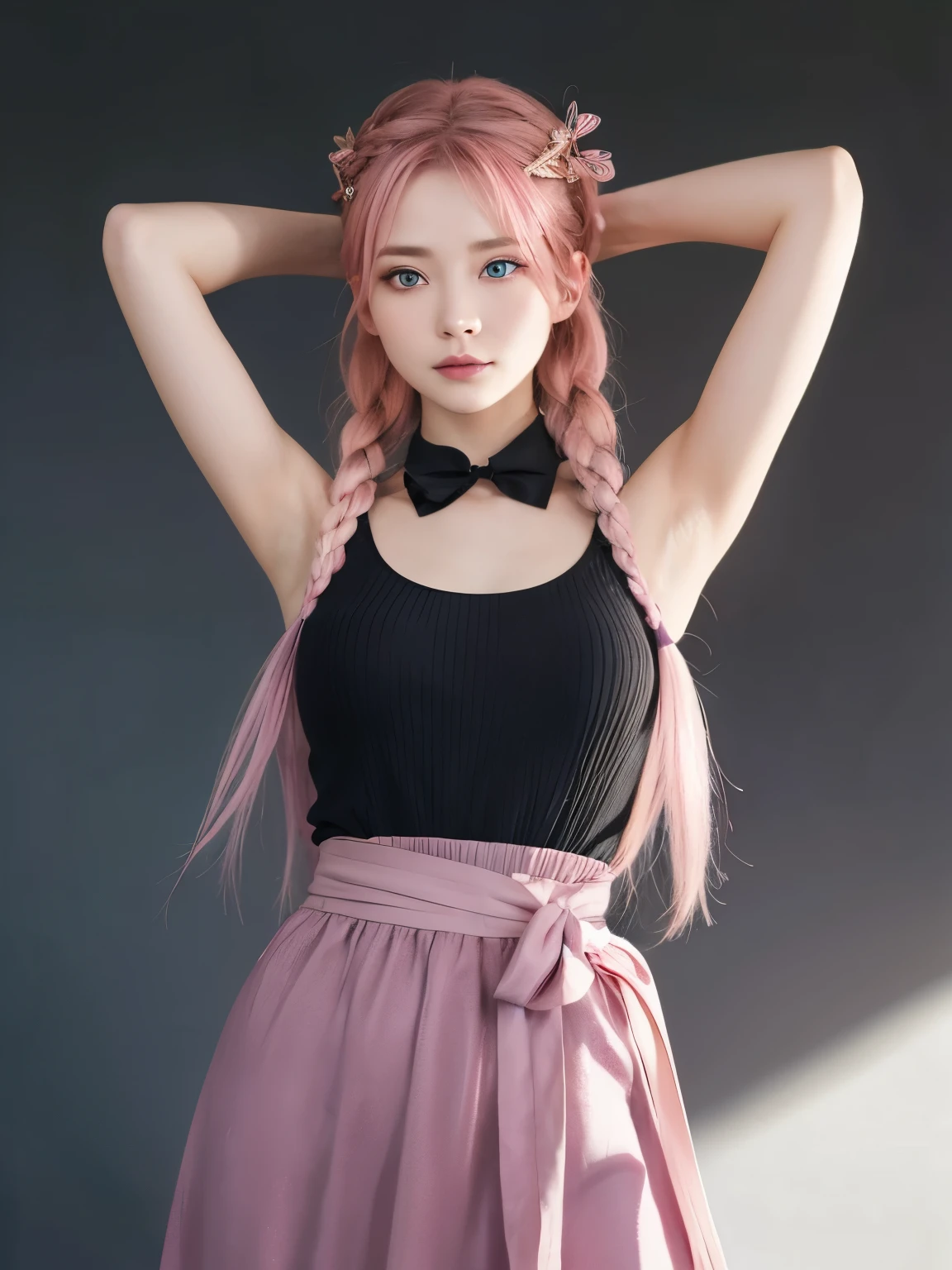 She has long, flowing pink hair、The intricate braids and hairpins give it a dynamic look.。The hairstyle frames her delicate face.、Her blue eyes stand out, exuding a gentle yet confident expression.。She is wearing a black sleeveless outfit.、It has purple accents and a large bow around the waist.。The matte texture of this outfit、It contrasts beautifully with her shiny hair.。The characters are posed in a relaxed yet seductive manner.、Raise one arm behind your head、Gently support your elbow with your other hand。Her skin is smooth and white、The soft lighting highlights the contours of the arms and face.。The background is a subtle dark gradient.、It exudes a calm yet intense atmosphere with the focus entirely on the characters.。