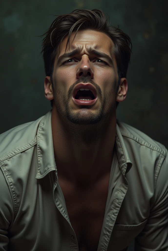 Handsome man suffering from being strangled。Drooping