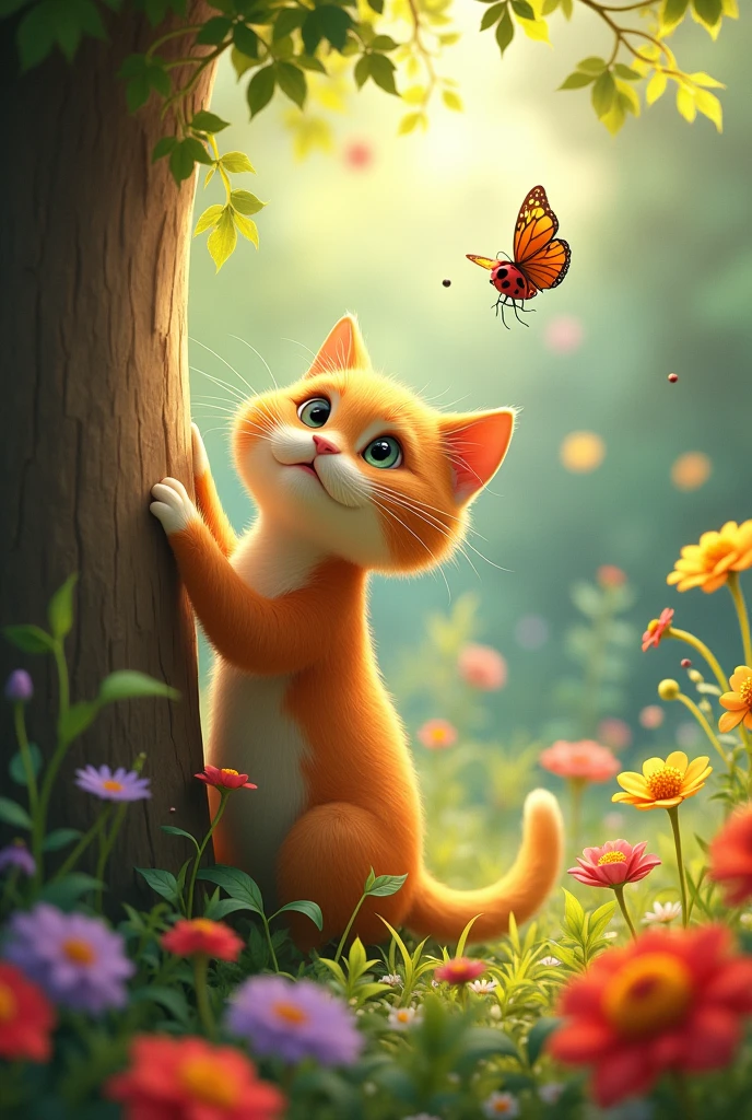 Crie pra min uma imagem com bases nessa história 
Era uma vez um gatinho chamado Leo. He loved exploring the garden full of flowers and butterflies.. One day, Leo encontrou uma joaninha perdida. She asked for help to return to her home, on a leaf high in the tree. Leo, very brave, climbed up carefully and took the ladybug there. Grateful, she said: "whenever you need, I will be here for you!" Since then, Leo e a joaninha viraram grandes amigos e exploravam o jardim juntos, always helping those they met along the way.






