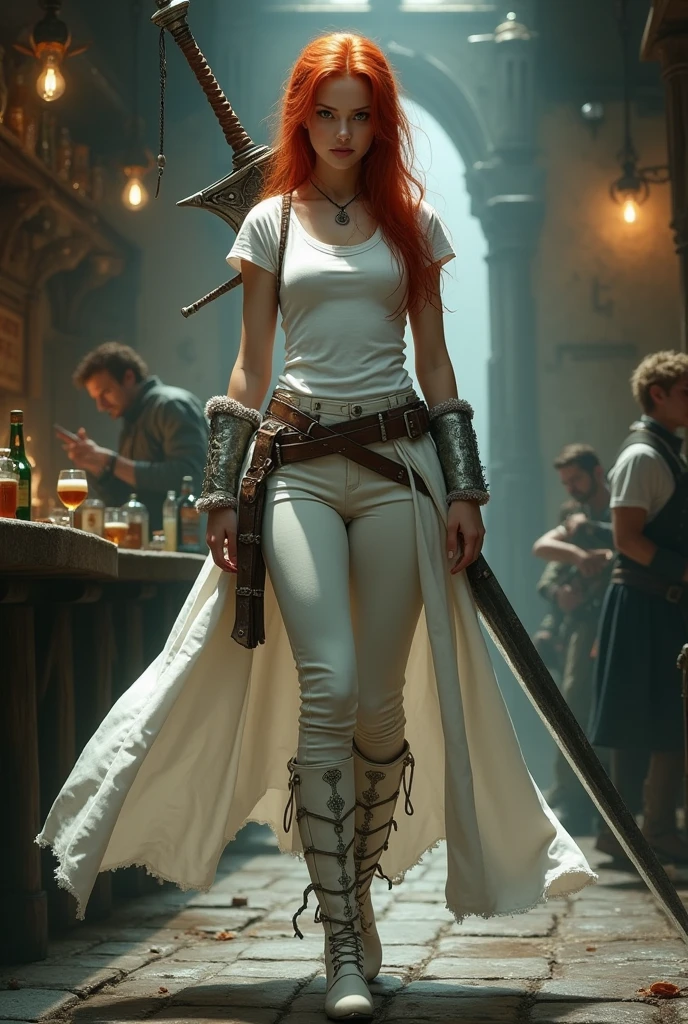 grimdark fantasy, a 2 girl with long spiky red hair and round face with green eyes and wearing a tight white t-shirt and tight white trousers and short white boots and a white cloak with a greatsword at her back standing in a tavern