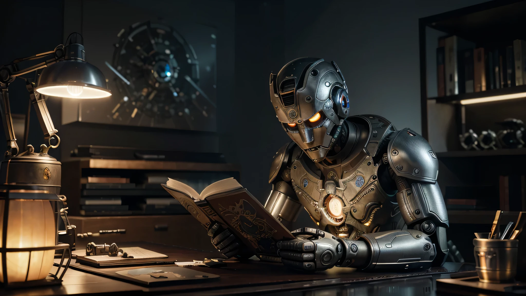 a robot reading a book, highly detailed 3d render, extremely realistic, hyper detailed, cinematic lighting, photorealistic, intricate mechanical details, gears and circuits, metallic surfaces, high resolution, masterpiece, 8k, ultra detailed, sharp focus, physically-based rendering, vivid colors, studio lighting