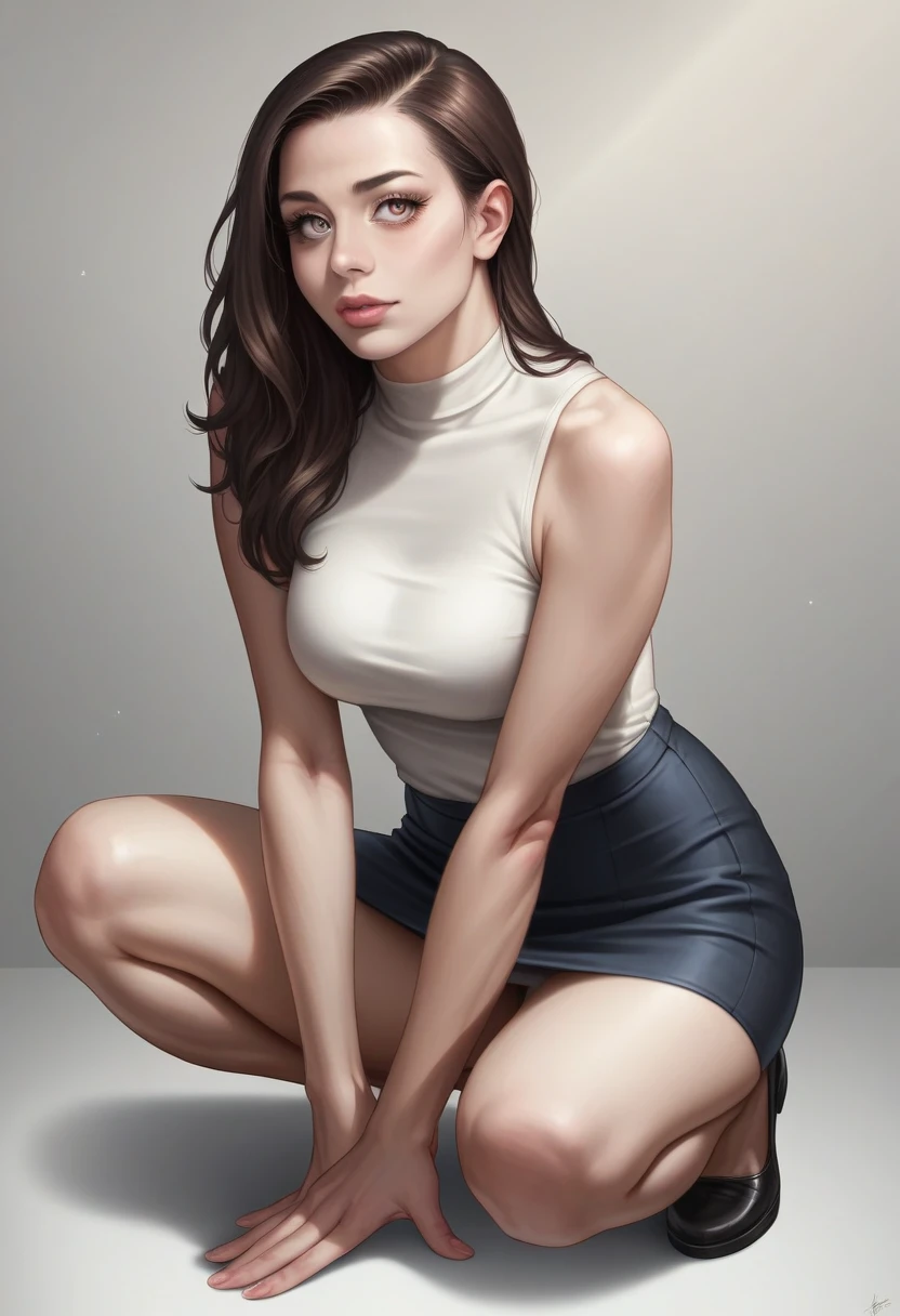 a bad girl in a mini skirt squatting, detailed face and body, perfect anatomy, hyper realistic, photorealistic, 8k, highly detailed, masterpiece, intricate details, extremely detailed, cinematic lighting, dramatic lighting, dramatic shadows, beautiful detailed eyes, beautiful detailed lips, extremely detailed eyes and face, long eyelashes, seductive expression, sultry gaze, moody colors, warm tones
