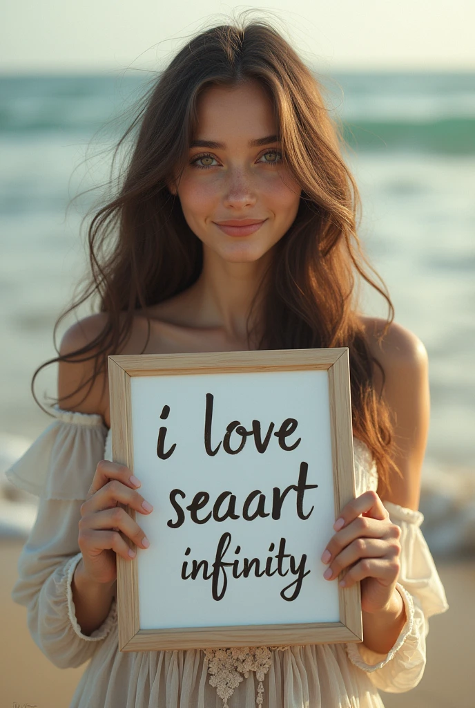 Beautiful girl with wavy long hair, bohemian dress, holding a white board with text "I Love Seaart Infinity" and showing it to the viewer
