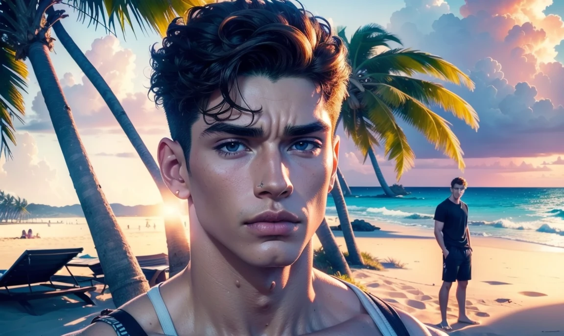 [((highly detailed, detailed eyes, detailed face, clear and realistic facial features, photorealistic, realistic light, cinematic, close up)), ((((3 men, each man looks unique, each man has a different natural hair color and different facial features and skin color)))), (((sexy male college-age jocks standing on the beach and looking angry or frustrated))), ((wearing casual clothes)), ((beautiful deserted tropical island with a storm in background))]