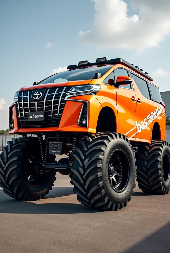 Toyota Vellfire orenge color , white stripe logo "bas sekolah" monster truck concept. Big tyre. Modified. Look amazing. Realistic.