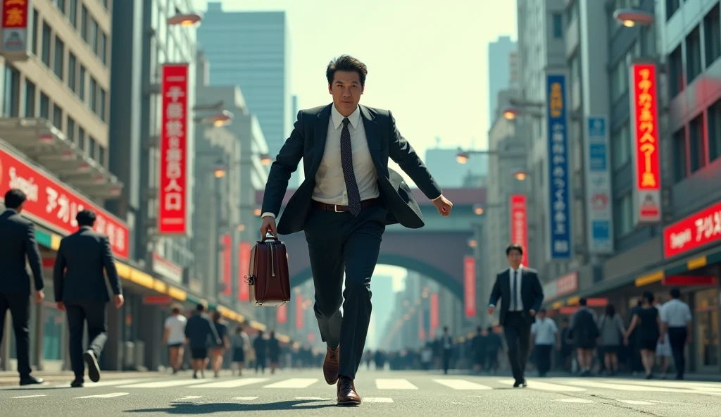 A Japanese salaryman running towards the station. The scene is realistic, capturing the morning commute. The salaryman is dressed in a suit, carrying a bag while hurrying along. The surroundings show Japanese city streets and the entrance to the station, reflecting a sense of urgency and busyness