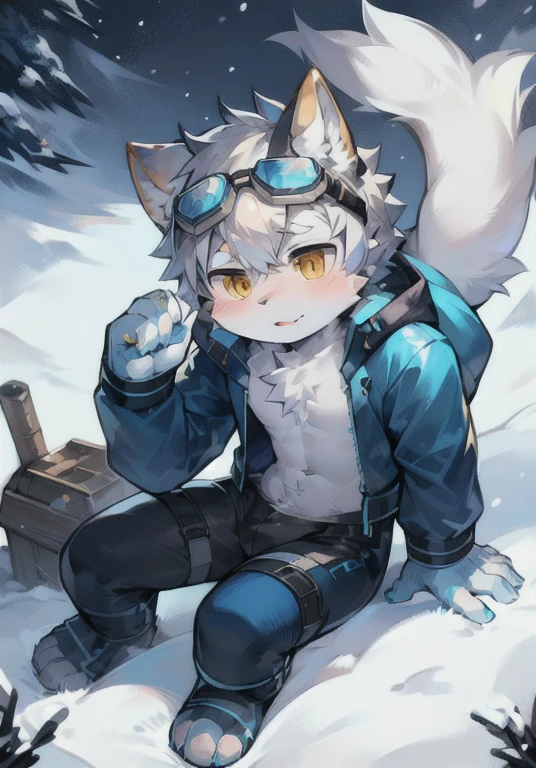 Snow mountain background,Blue down jacket,White male cat,boy,cute,Q version,Goggles,Big furry tail,Hairy pads,Mountaineering,Golden Eyes,Silver hair