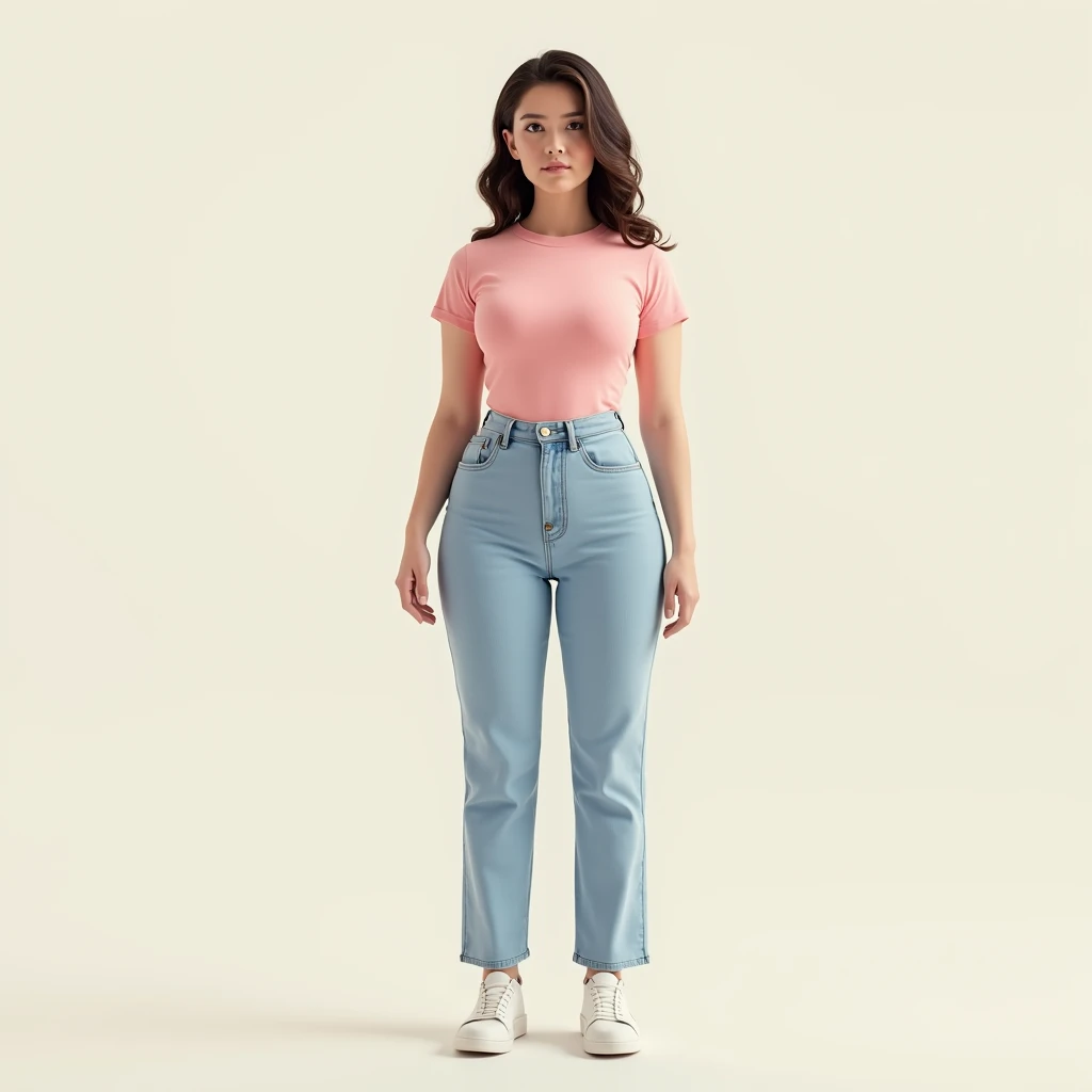 Image captured with a Sony α7 III camera, full body shot, an narrow waist, wide hips, and a full bust. The proportions are highly stylized, with a sharp contrast between the tiny waist and the expansive curves of the hips and chest, young European woman early 20's, straight jeans in light Blue color, fitted waist tee in pink color, white shoes, realistic, creamy white background standing straight in front of the camera.