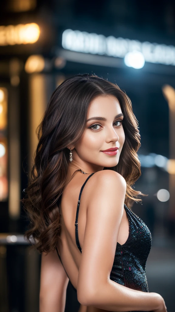 (realistic,photorealistic,photo-realistic:1.37),highly detailed russian girl, skintight black glitter dress, C Cup Breasts , seductive type smiling,gorgeous Russian 20 year woman,beautiful detailed eyes,beautiful detailed lips,realism style,dynamic pose,full body,8k quality,depth field,wavy long silver hair,professional portrait lighting,vivid colors,ultra-sharp focus,soft natural lighting,sophisticated expression,breathtaking composition,subtle background,highres,nighttime, pub background