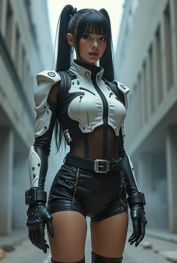 (nsfw), masterpiece, Best Quality, Realistic, Create an image of a young woman embodying futuristic fashion art. The scene should have the highest quality and realism, featuring an Instagram model named April. She should be shown in a full-body, wide-angle shot, sitting confidently with a full body in the frame. She has an ultra-slim waist, medium firm , a medium-sized buttockeautiful sexy legs, showing sculptural beauty. Her skin is white and silky, with a thin neck and small head. April is dressed in a striking white and black military print bodysuit paired with a sleek black leather belt with a futuristic metallic buckle and low-rise black leather shorts with zipper accents. She wears a sheer black mesh bomber jacket adorned with white and black military patches, and chunky black combat boots with silver hardware. Her look is fierce and bold, cented by black fingerless gloves with white LED lights and high-tech accessories. She also sports a white and black camouflage print bucket hat and oversized black sunglasses with reflective lenses, adding an edgy attitude. Her outfit is completed with a white and black military print backpack with multiple compartments, merging functionality with style. Her hair is styled in a sleek high ponytail with black and white ribbon accents, reflecting a futuristic hairstyle. April walks with a confident stride, exuding a hint of rebellion, embodying the essence of future street-chic fashion. She stands in a setting of concrete, fog, and mist, surrounded by realistic black shadows. Her face is detailed, cute, and slim, with a happy expression, duck mouth, perfect teeth, gray hair, and shiny blue eyes, looking directly at the viewer.