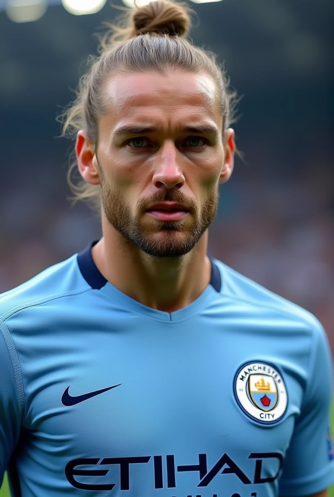 Erling haaland in mancity jersey 

with no Beard .young like 22 years of age.only showing face and Jersey.nose are little big and engage him in football game. Put background of football stadium . little big older.man bun hair style.black hair

