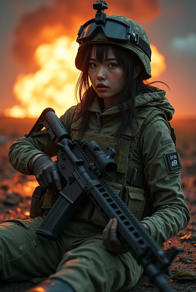 Photo-realistic, ultra-realistic, (very beautiful Japanese, famous Japanese idol:1.3), (Fully equipped for battle:1.5), holding m4a1 large assault rifle, (amazing view of massive explosion:1), (painful impressions, crying:1.3), (wearing an army soldier's Camouflage outfits with military helmet:1.5), (at a battle field of Abandoned Building at night), very large breasts, (tactical vest, military harness:1.3), (military long boots:1), dynamic angle, spectacular, (injured, lying on a stretcher:1.3), (muddied, damaged wears, damaged body:1.3),