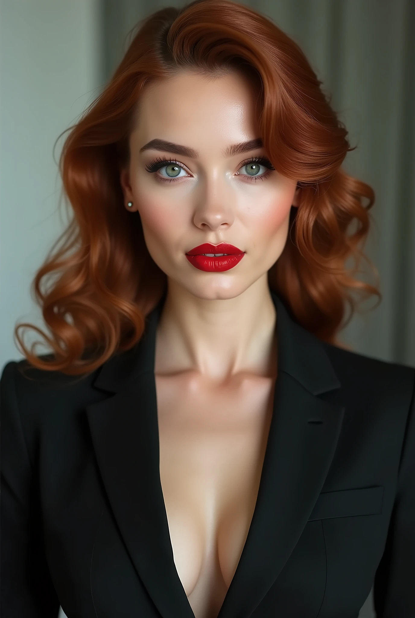woman, white-skinned , modern reddish brown hair cut, light eyes, full lips, wearing red lipstick, strong makeup, with an air of power, wearing a suit close up.