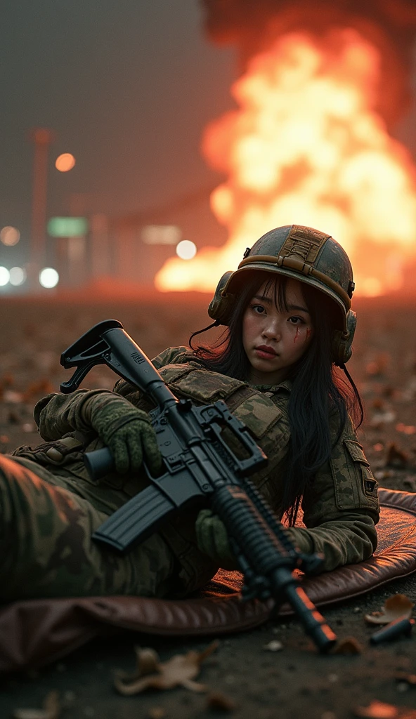 Photo-realistic, ultra-realistic, (very beautiful Japanese, famous Japanese idol:1.3), (Fully equipped for battle:1.5), holding m4a1 large assault rifle, (amazing view of massive explosion:1), (painful impressions, crying:1.3), (wearing an army soldier's Camouflage outfits with military helmet:1.5), (at a battle field of Abandoned Building at night), very large breasts, (tactical vest, military harness:1.3), (military long boots:1), dynamic angle, spectacular, (injured, lying on a stretcher:1.3), (muddied, damaged wears, damaged body:1.3),