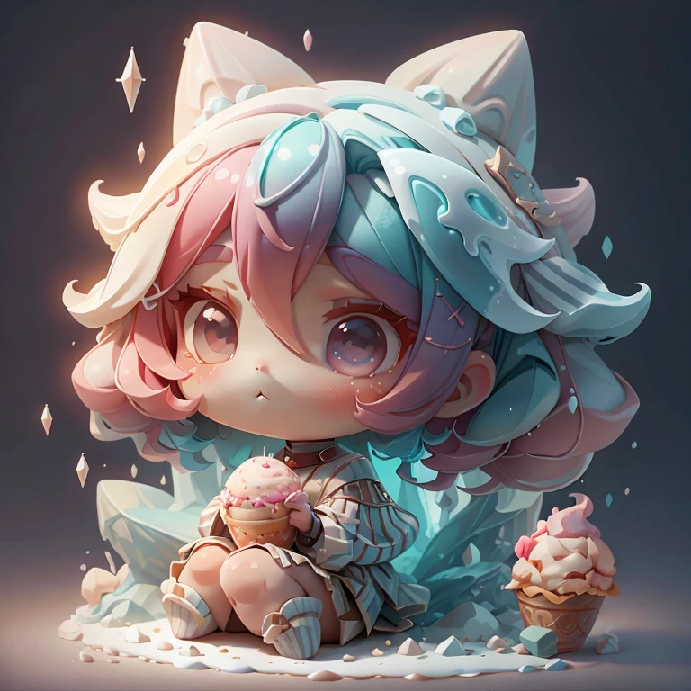 plastican00d， 1girls， Chibi T-Shi， Colored hair， Luxury fabrics， dithering， Ice cream texture，Profound， looks at the viewer， Striped background