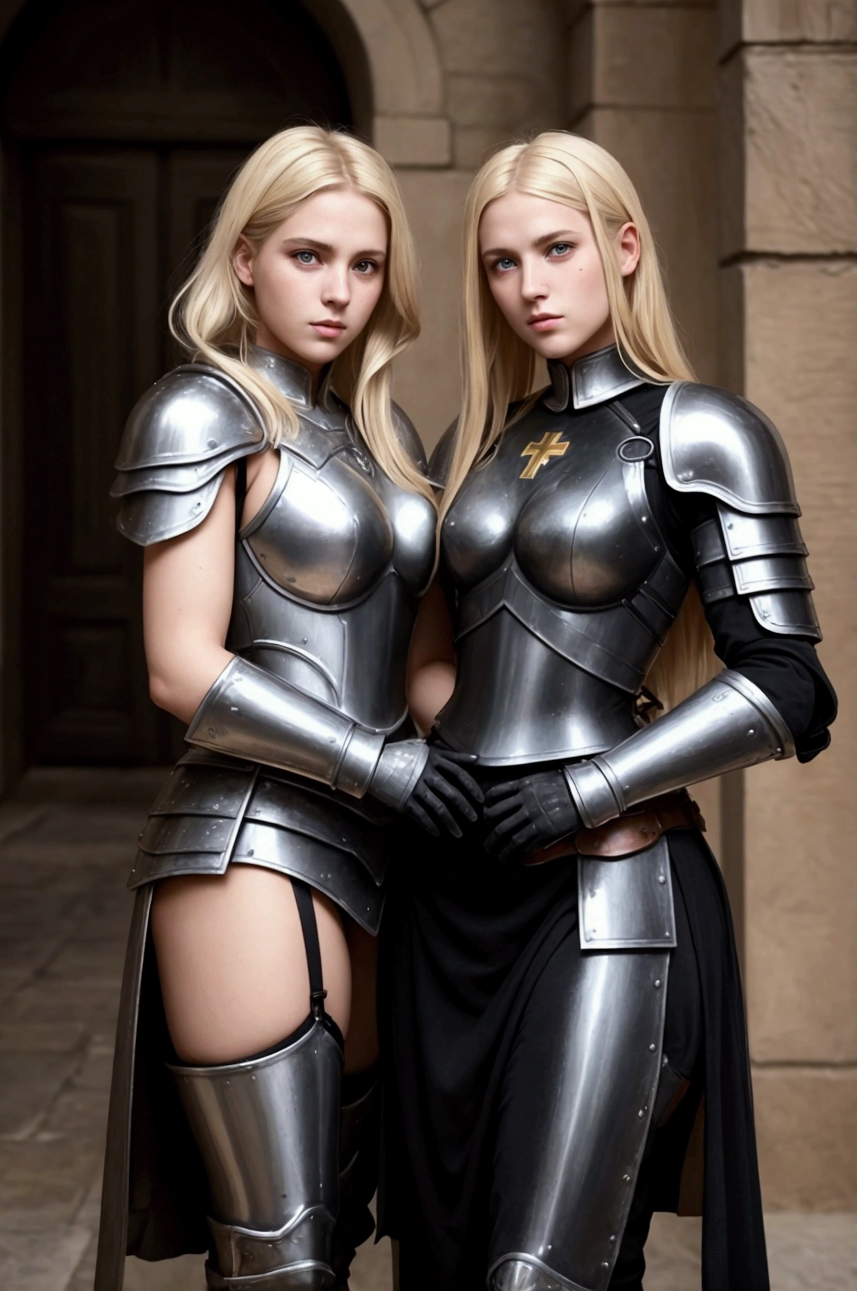 2 females, sisters portrait, break:  1 sister, german womens, blonde, catholics, nazi , black hair,blondes perfect face, detailed face, warriors roman, using sexy armor , soft lesbians, sexy, full body, break:  2 sister, german womens, black hair, catholics, nazi , black hair,blondes perfect face, detailed face, warriors roman, using sexy armor , soft lesbians, sexy, full body