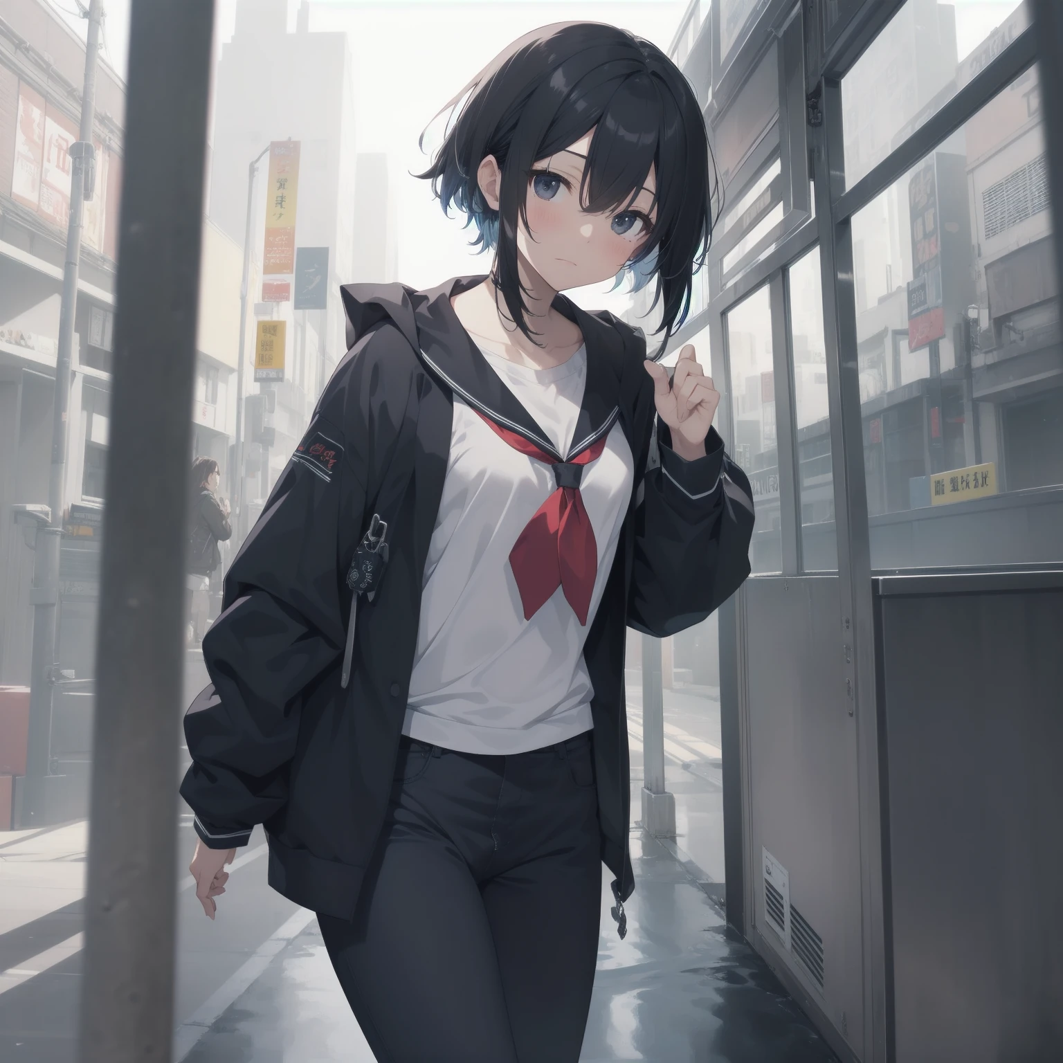 ultra-absurdres-Top quality by artist God, ultra-detailed, high resolution, anime moe artstyle, best anime 8k konachan wallpaper, pixiv contest winner, pool:2810, perfect anatomy,break, 1girl, (Please draw a girl walking sleepily to school alone. )break,(Solo,little female,:1.3),Full limbs, complete fingers,a junior high school student, (very short hair), short cut, flat chest, , small butt, small black eyes, beautiful detailed eyes, well-proportioned iris and pupils, expressive eyes, highres detailed hair, soft expression, salor school_uniform, sailor collar, serahuku, bow, pleated skirt,(Detailed Lighting), (Detailed background), in the School commute route. break,super detailed skin, Best cinematic lighting powered by famous artist, 8k,beauty illustration,photoshop_(medium),very aesthetic,break,((artist:mery_(yangmalgage) )), artist:clamp ,artist:carnelian ,artist:kantoku ,