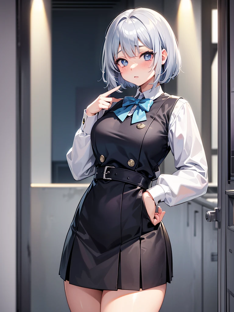 solo, Female, Manga, Japanese, Anime, Pastel, silver hair, short cut,  high school girl, uniform, ((tareme)), big eyes,  black iris, light blue eye, tall, curvy, 