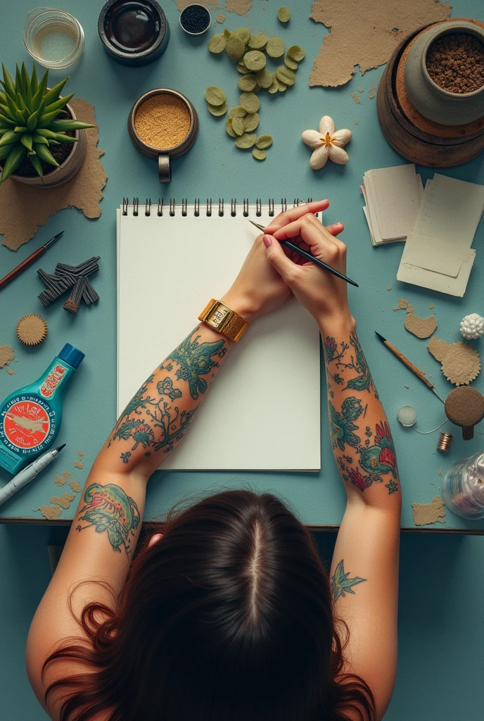 An image seen from above that only shows the arms of a woman writing on her arm with tattoos of marine animals and a disorganized table, pastel or watercolor planet