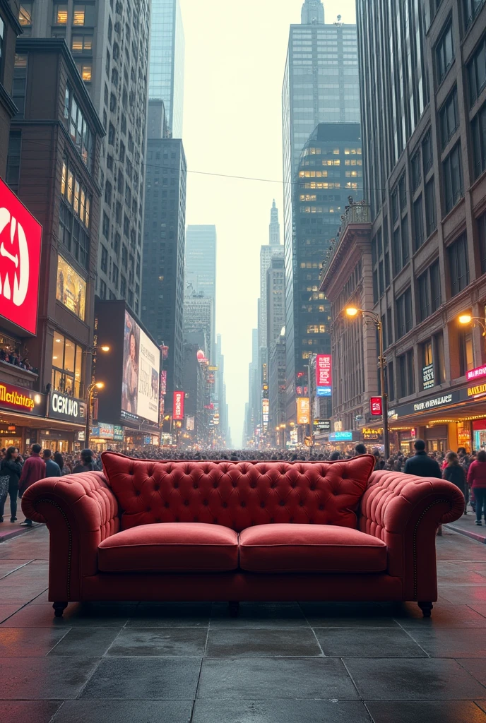 Image of large sofa in mid of city buildings 
